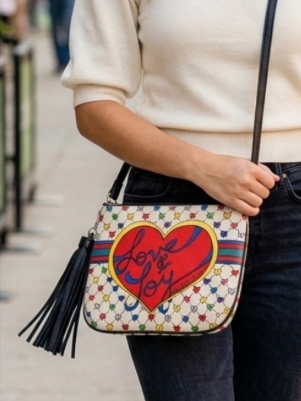 Brighton Cream Crossbody Bag with Red Heart & Multicolor Detail NWOT